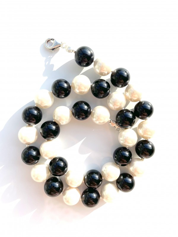 Onyx with mother of pearl necklace 925 sterling silver