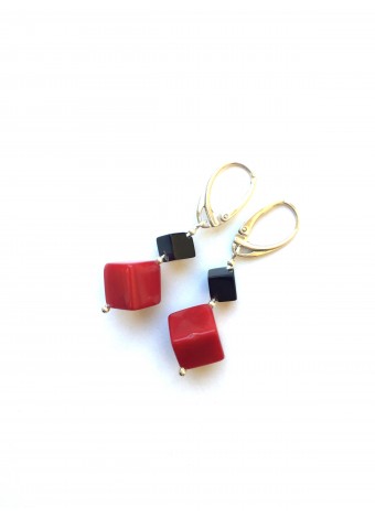 Coral with onyx earrings sterling silver